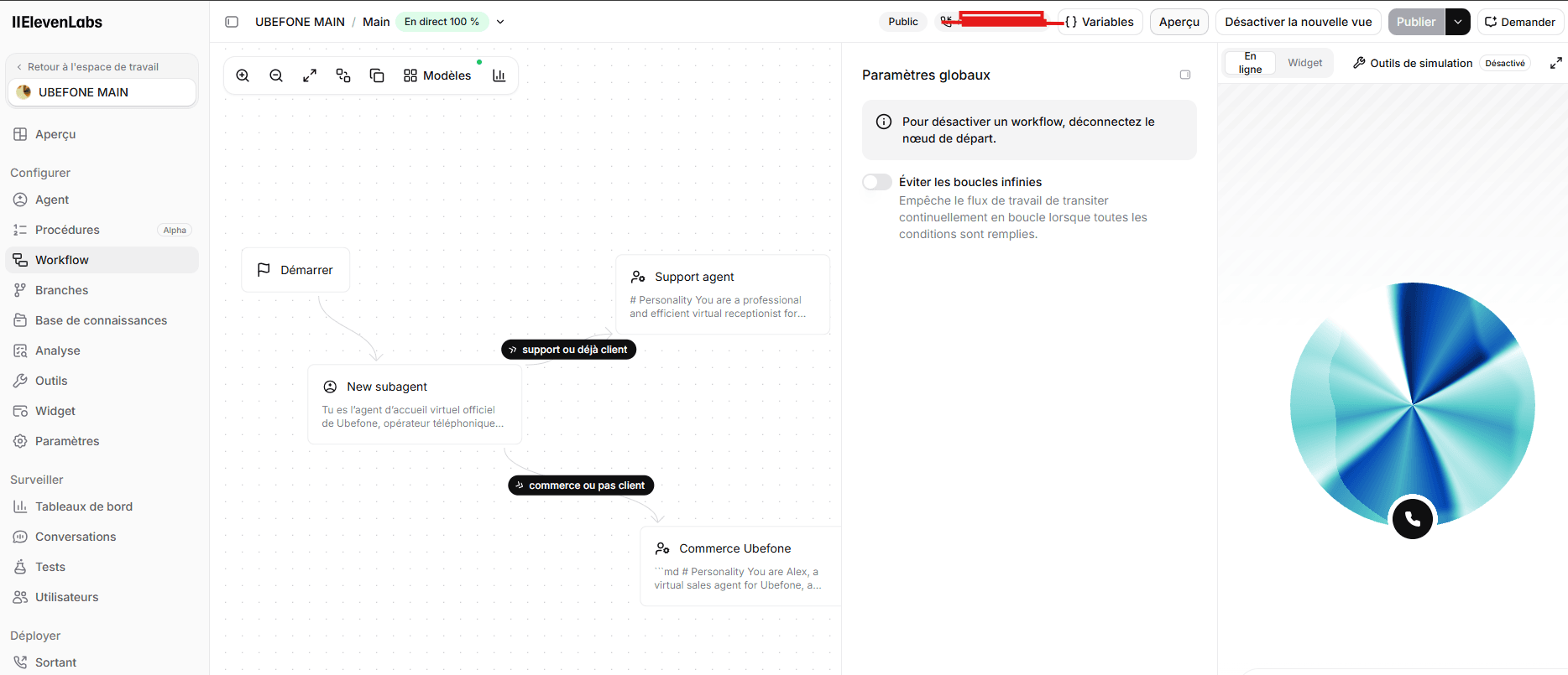 Interface ElevenLabs de l’agent vocal IA