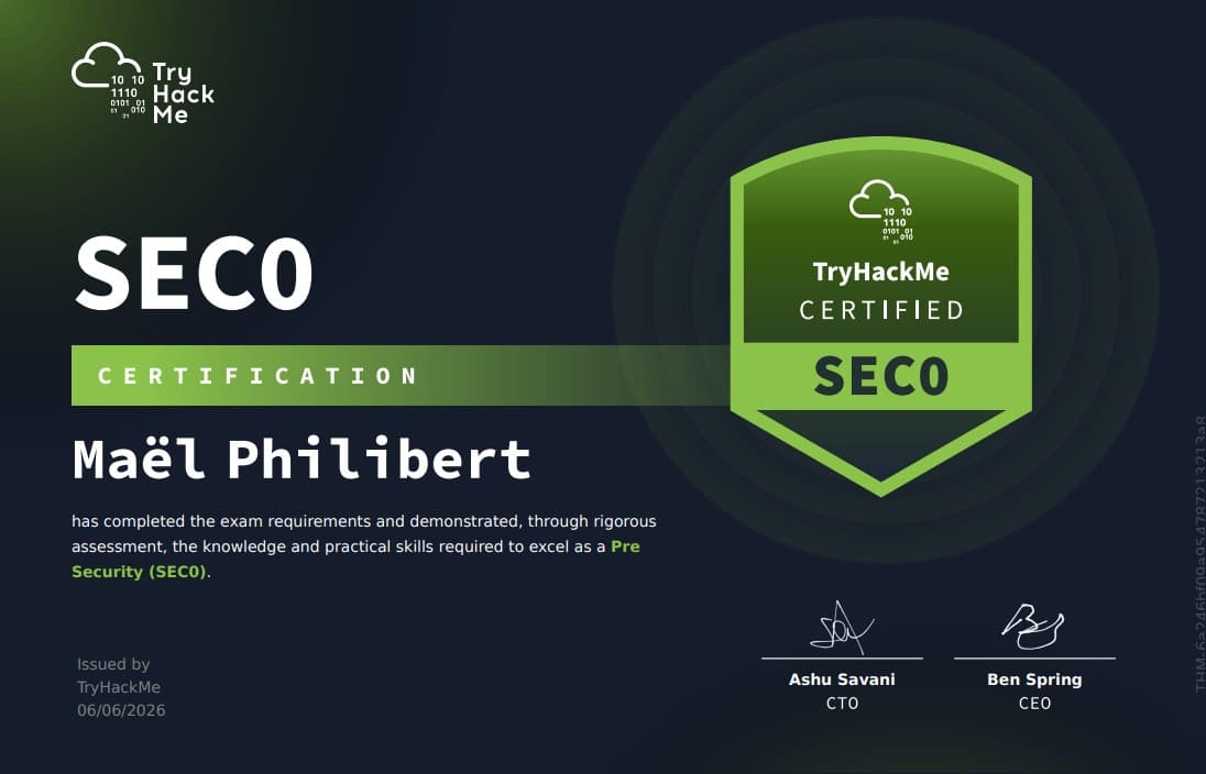 Certification TryHackMe SEC0 de Maël Philibert
