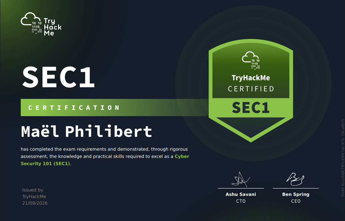 Certification TryHackMe SEC1 de Maël Philibert