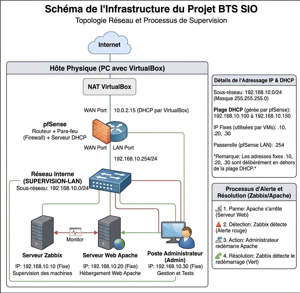 Schéma d’une infrastructure de supervision avec pfSense, Zabbix, Apache et poste administrateur