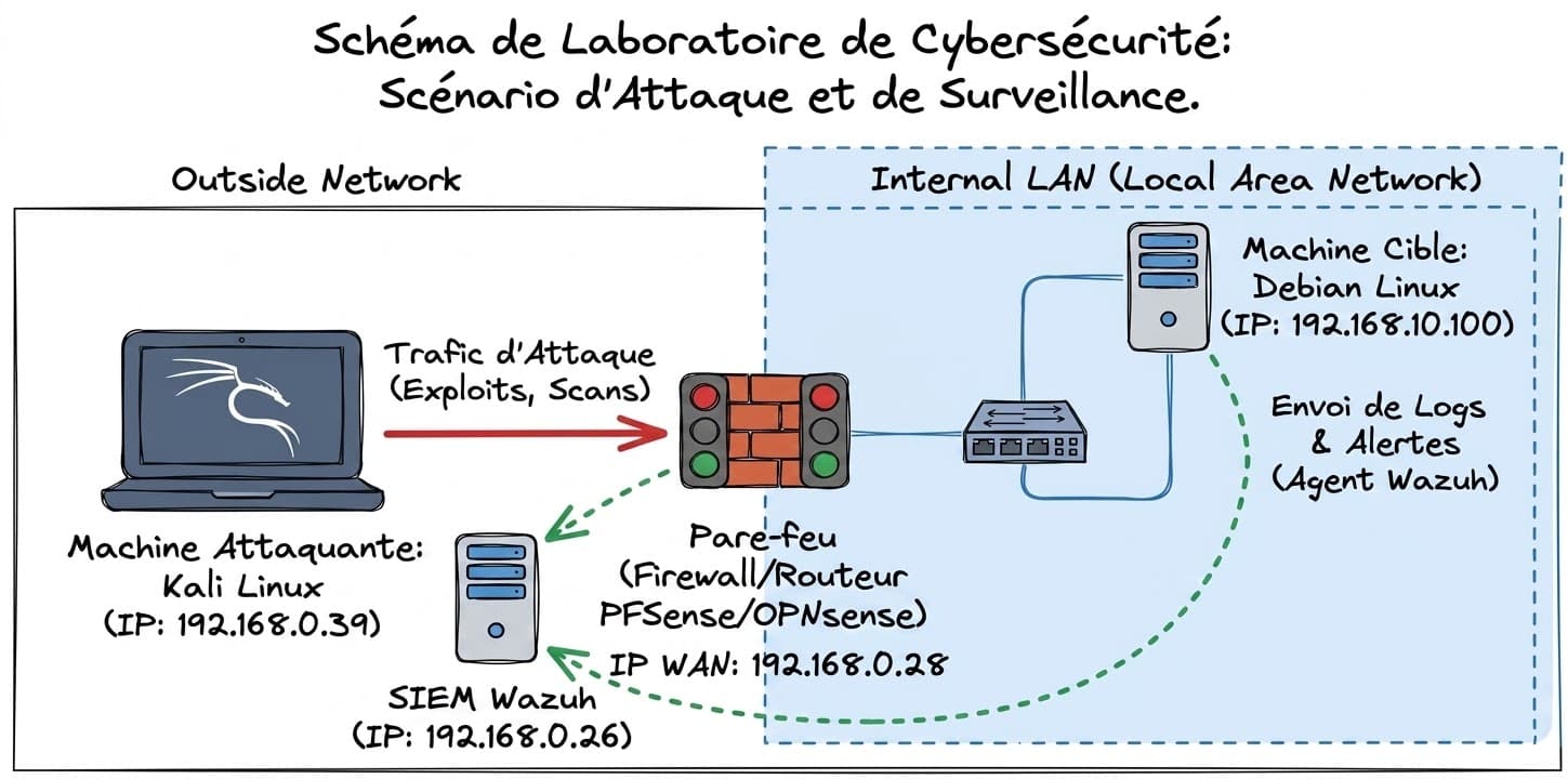 Schéma du laboratoire de cybersécurité avec Kali Linux, pfSense, Suricata, Wazuh et Debian
