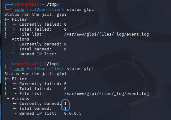 Fail2Ban indiquant une adresse IP bannie après tentatives échouées